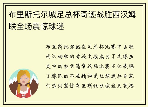 布里斯托尔城足总杯奇迹战胜西汉姆联全场震惊球迷 布里斯托尔城足总杯奇迹战胜西汉姆联全场震惊球迷